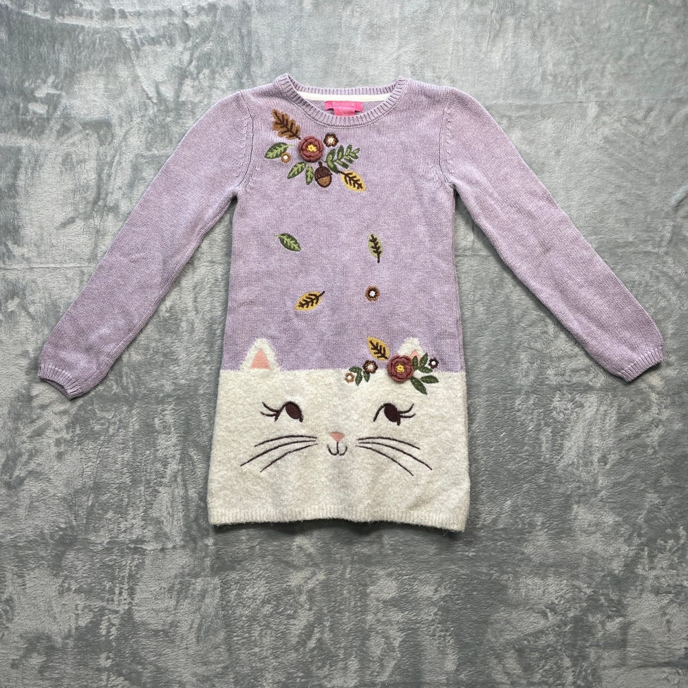 Isaac Mizrahi Kids Cat Face Floral Embroidered Sweater Dress Purple Size 5 6